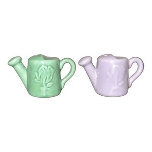 Miniature Ceramic Watering Can Salt and Pepper Shakers, Green and Purple
